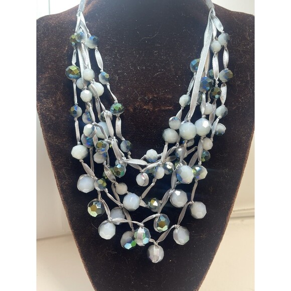 Multi Layered Faceted Beaded Ribbon Statement Necklace - Picture 1 of 9